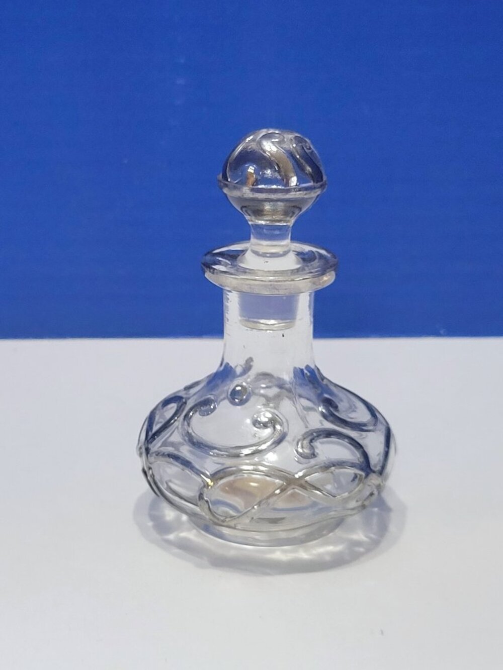 Vintage Glass Perfume Bottle with Silver Overlay Filigree